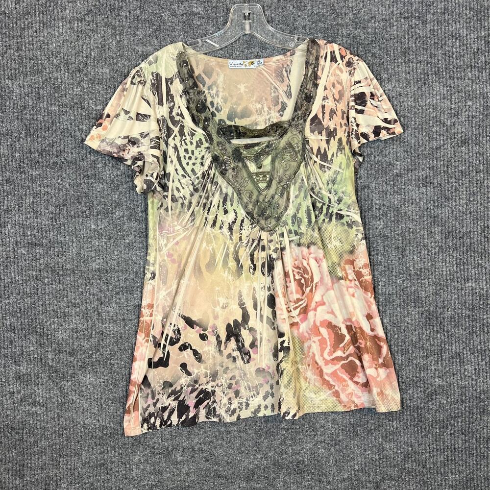 Unity Women Floral Blouse Top Size Large Petite Bohemian Artsy Lace Trim Stretch